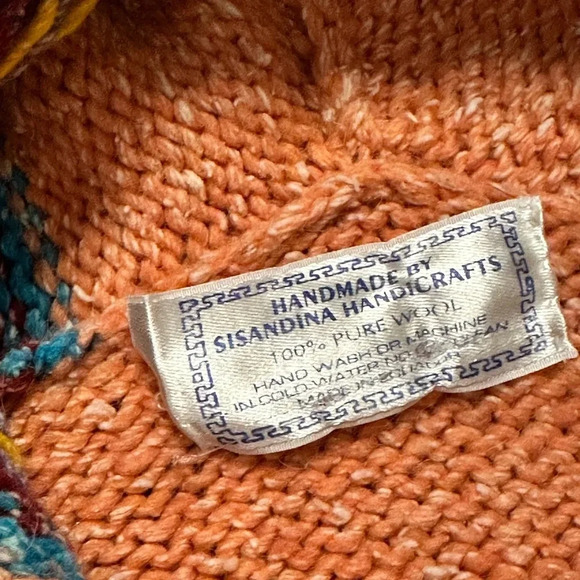 Handmade Vintage Colorful Knit 100% Wool Hooded Cardigan - Picture 6 of 6